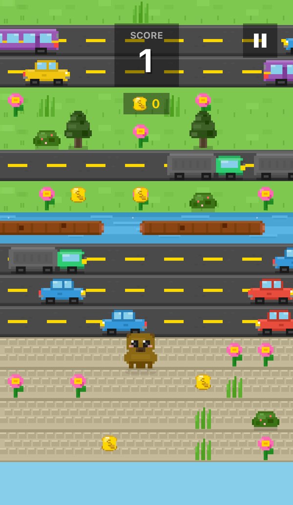 Gameplay: the capybara on a paving-stone start lane below three busy roads of red, blue and yellow cars, a grey truck, a purple bus, a river with logs and grass lanes with coins and flowers; score 1