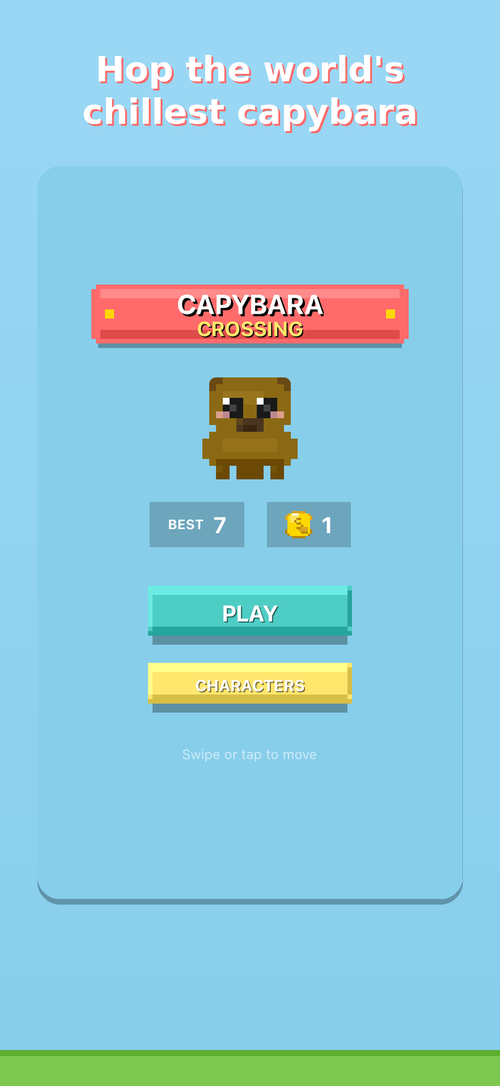 Capybara Crossing gameplay — hopping across a busy pixel-art road